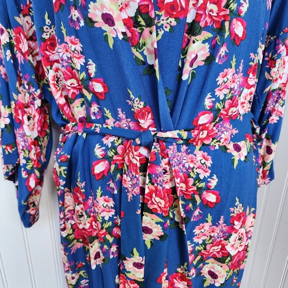 Women's Blue Pink Floral Rayon Cotton Mini Robe Kinomo One Size OS - Picture 3 of 12